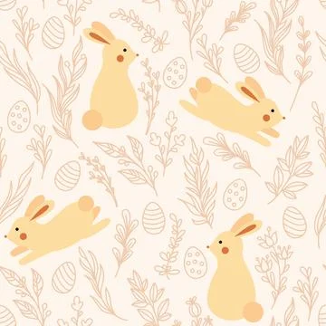 Easter pattern with bunnies, Easter eggs and plant sprigs Illustrazione stock