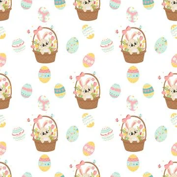 Easter Pattern with Bunny in a Basket and Decorated Eggs. Cute Digital Pape.. Stock Illustration