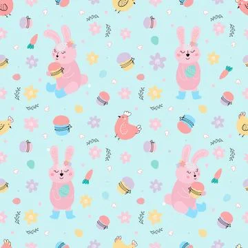 Easter pattern with bunny, cakes, eggs, willow Stock Illustration