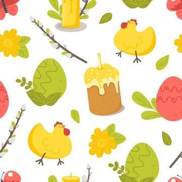 Easter pattern with a cake of eggs and chicken on a white background. Vector  Ilustración de archivo