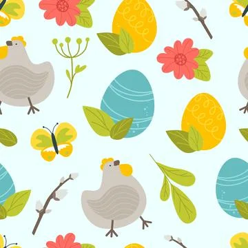 Easter pattern with a cake of eggs and chicken on a blue background. Vector i 스톡 일러스트