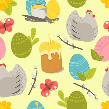 Easter pattern with a cake of eggs and chicken on a light green background. V 스톡 일러스트