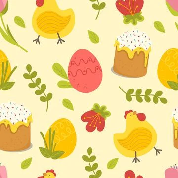 Easter pattern with a cake of eggs and chicken on a yellow background. Vector Stock Illustration