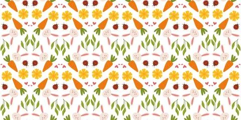 Easter pattern with carrots and ladybug in a hand drawn vector style. Perfect 스톡 일러스트
