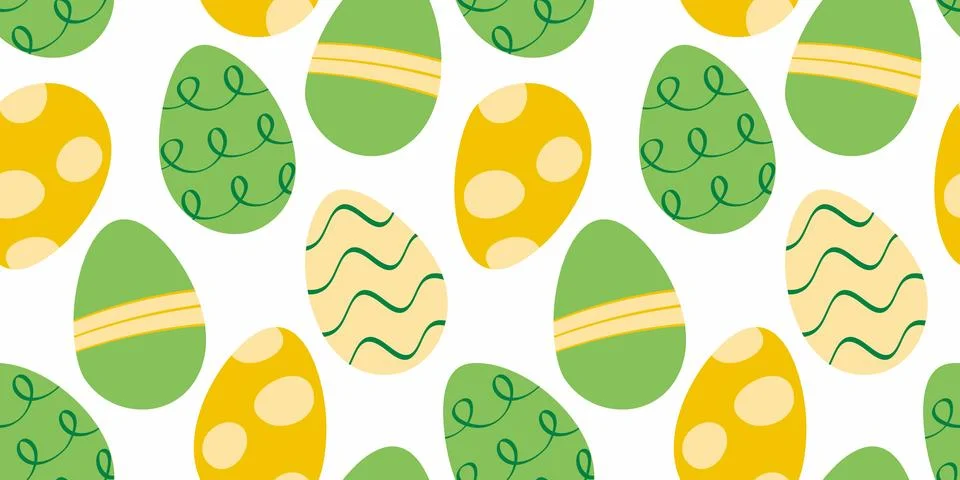Easter pattern of colored eggs. Seamless print of patterned holiday food white Stock Illustration