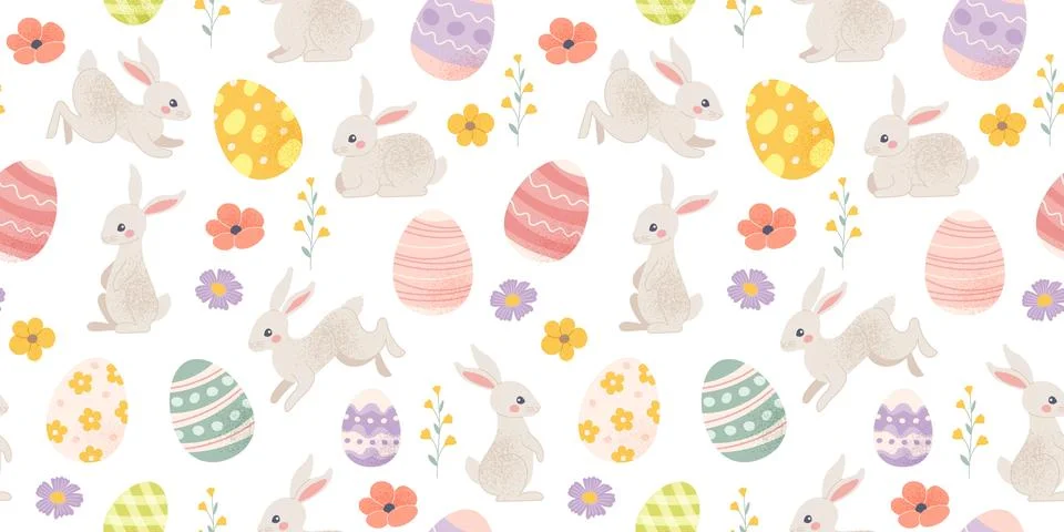 Easter pattern with colourful decorated eggs and bunnies. Vector background in イラスト素材