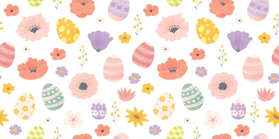 Easter pattern with colourful decorated eggs and flowers. Vector background in Illustrazione stock