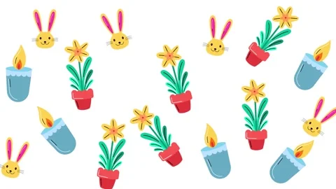 Easter Pattern with Cute Bunny Heads, Potted Flowers, and Candles on White Stock Footage 345539316