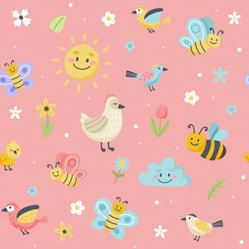 Easter pattern with cute butterflies, bees and birds. Hand drawn flat cartoon Illustration