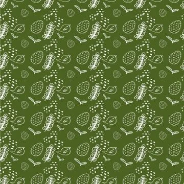 Easter pattern of dark green color with eggs, birds and spring flowers of whi Stock Illustration