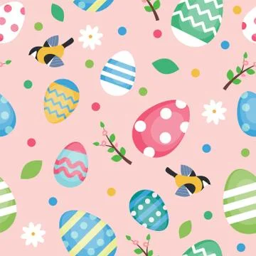 Easter pattern with decorated eggs, flowers, leaves and birds. Cute illustration Stock Illustration