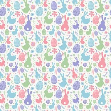 Easter pattern with decorative eggs, bunnies and flowers. Wallpaper or wrappi Illustrazione stock