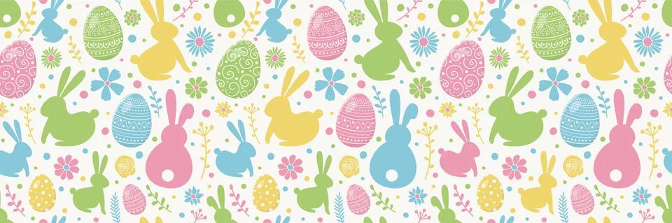 Easter pattern with decorative eggs, bunnies and flowers. Wallpaper or wrappi 스톡 일러스트