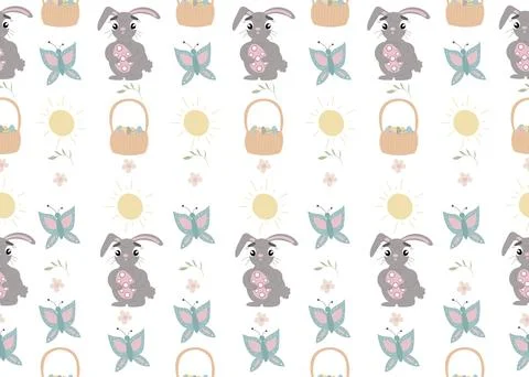 Easter pattern with Easter bunny, basket, butterflies on white background. Stock Illustration