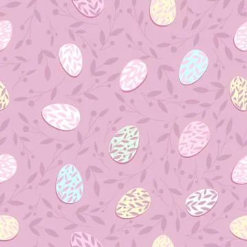 Easter pattern with eggs and twigs on a pink background.Vector illustration. Stock Illustration