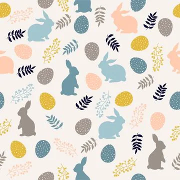Easter pattern with eggs, bunnies and flowers in pastel colors. Seamless Rapport イラスト素材