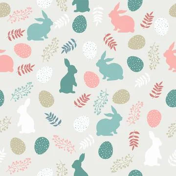 Easter pattern with eggs, bunnies and flowers in pastel colors. Seamless Rapport Ilustración de archivo