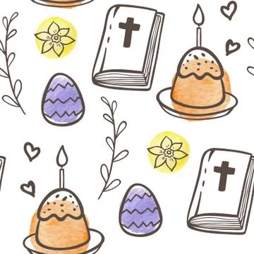 Easter pattern with eggs, cake and Bible Stock Illustration