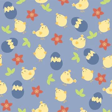 Easter pattern with eggs, little chickens and flowers in pastel colors. Seamless Illustrazione stock