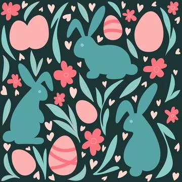 Easter pattern with eggs, rabbits and hearts. Happy Easter design in pastel c Stockillustratie