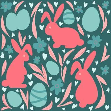 Easter pattern with eggs, rabbits and hearts. Happy Easter design in pastel c イラスト素材