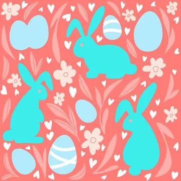 Easter pattern with eggs, rabbits and hearts. Happy Easter design in pastel c 스톡 일러스트