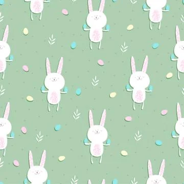 Easter pattern with funny bunnies, with eggs and flowers.Vector illustration. 库存插图