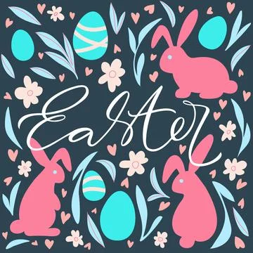 Easter pattern with lettering, eggs, rabbits and hearts. Happy Easter design  Stockillustratie