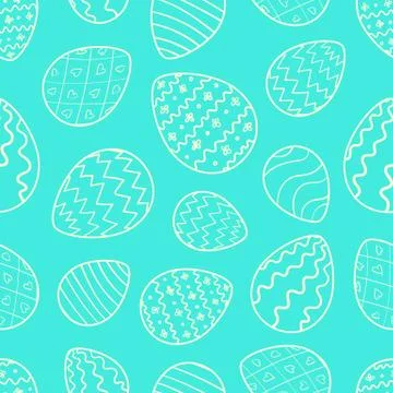 Easter pattern with outline eggs on blue Stock Illustration