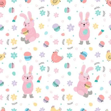 Easter pattern with rabbits, cakes, eggs, chickens Stock Illustration