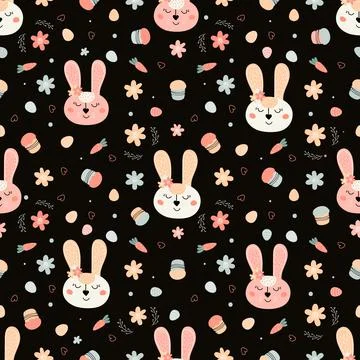 Easter pattern with rabbits, cakes, eggs, willow Stockillustratie