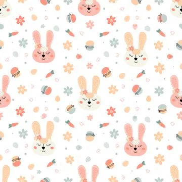 Easter pattern with rabbits, cakes, eggs, willow Stockillustratie