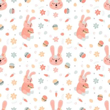 Easter pattern with rabbits, cakes, eggs, willow Stock Illustration