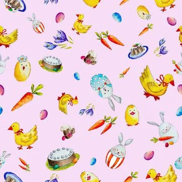 Easter pattern with rabbits, ducks and carrots. Seamless watercolor Easter... 库存照片