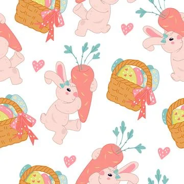 Easter pattern seamless design with bunny and basket of eggs, vector. 스톡 일러스트