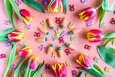 Easter pattern of tulips, carrots and small rabbits Stock-Fotos