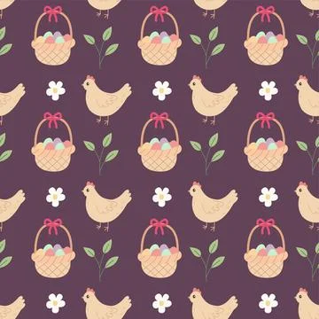 Easter pattern vector flat hand drawn style seamless background hen and egg Stock Illustration