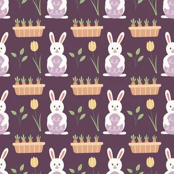 Easter pattern vector flat hand drawn style seamless background bunny tulip and Stock Illustration