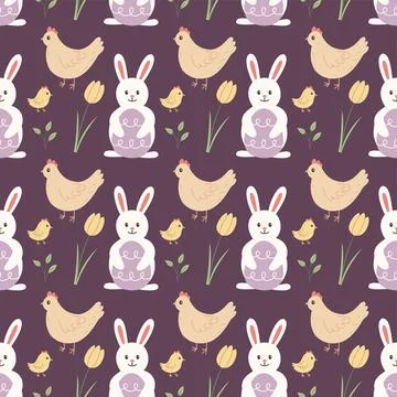 Easter pattern vector flat hand drawn style seamless background bunny hen and 스톡 일러스트