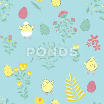 Easter pattern. Vector seamless texture with eggs, chikens, flowers. Childish イラスト素材