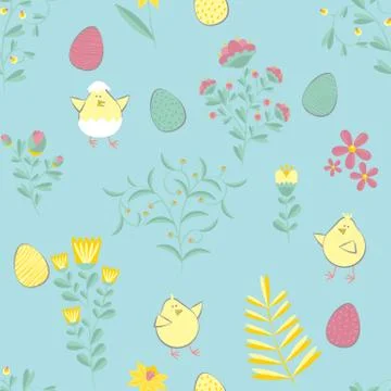 Easter pattern. Vector seamless texture with eggs, chikens, flowers. Childish 스톡 일러스트