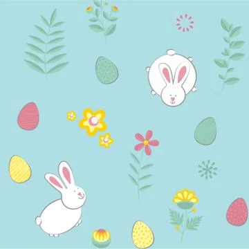 Easter pattern. Vector seamless texture with eggs, rabbits, flowers. Childish Stock Illustration