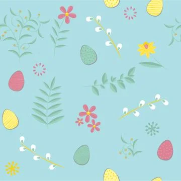 Easter pattern. Vector seamless texture with eggs, flowers. Childish seamless 스톡 일러스트