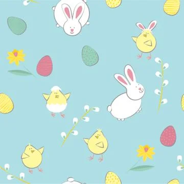 Easter pattern. Vector seamless texture with eggs, rabbits, chikens, flowers. Illustrazione stock