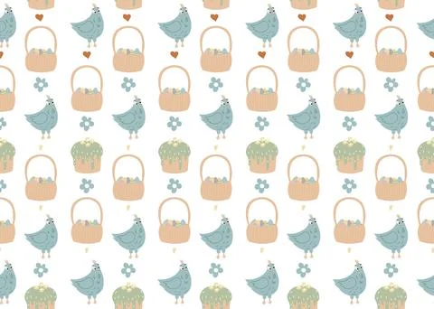 Easter pattern. Vector seamless texture with chikens, hearts, wicker basket a Stock Illustration