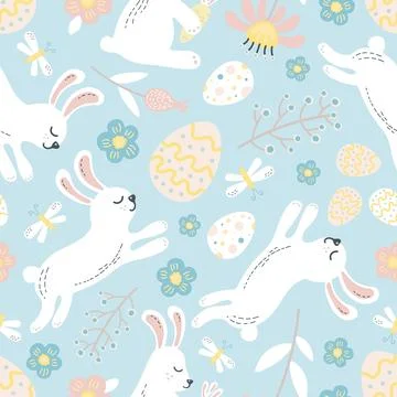 Easter pattern with white easter bunnies and flowers vector Illustrazione stock