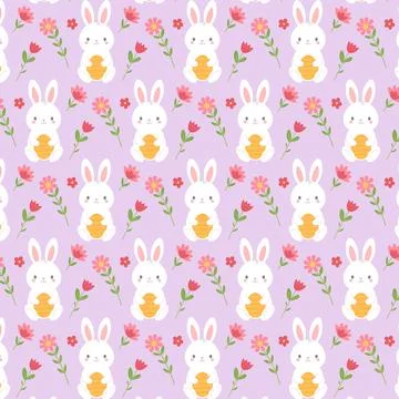 Easter pattern, white rabbit holding an orange egg with pink and red flowers Stockillustratie