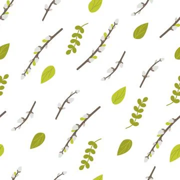 Easter pattern with willow and leaves on a white background. Vector illustrat Stockillustratie