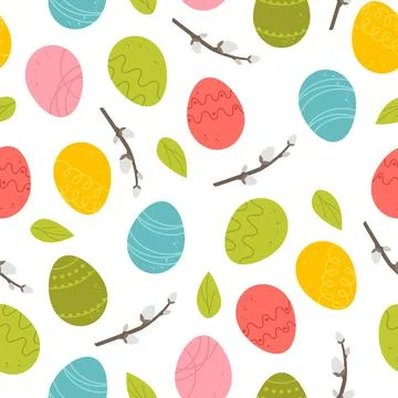 Easter pattern with willow and multicolored eggs on a white background. Vecto Stock Illustration