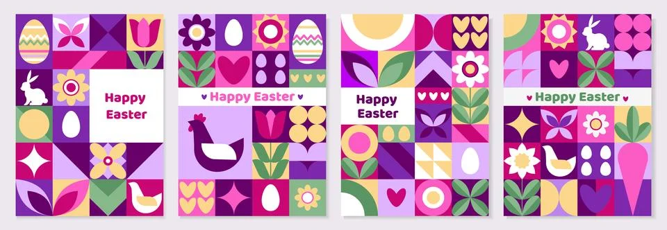 Easter patterns set. Flower egg shape abstract cards, geometry colorful bunny 库存插图
